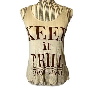 JC Fits Inc Women’s Beige “Keep It Trill” Graphic Tan Tank Top Sz Med